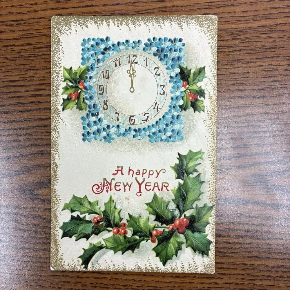 Antique Happy New Year Holiday Postcards Lot of 4 Early 1900s 1910 Gilt Embossed